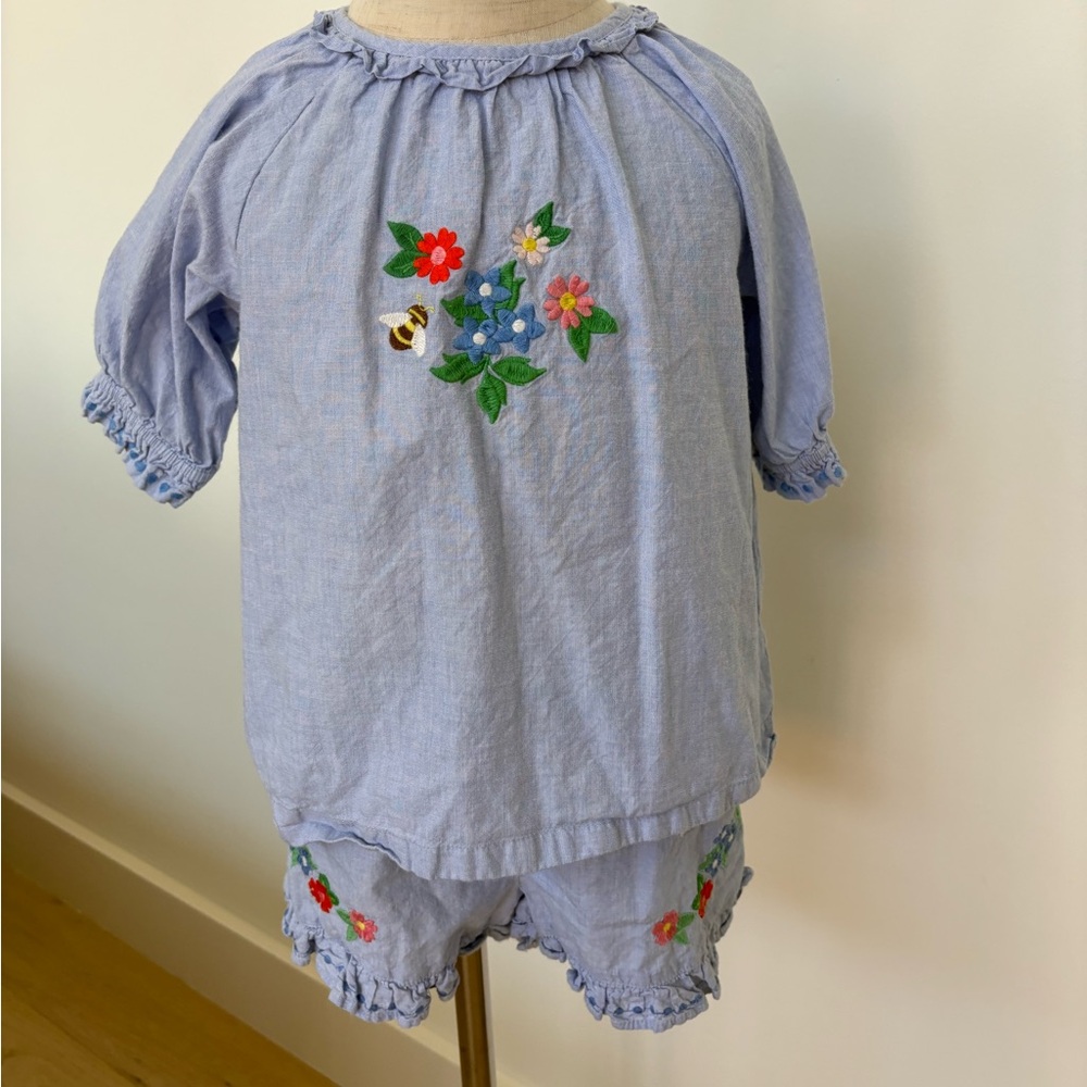 Mini Boden Blue Kids Matching Set with Floral Embroidery